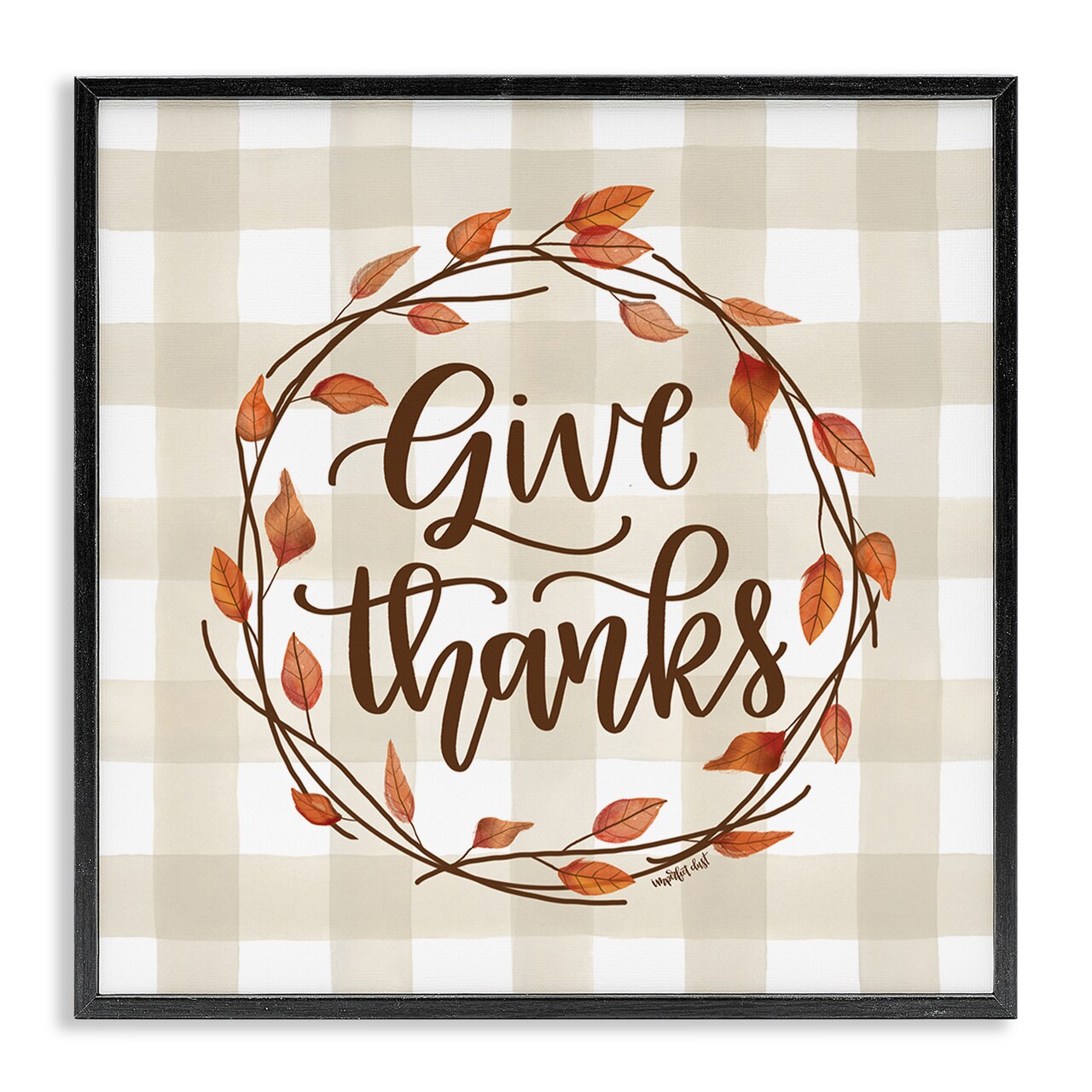 Give Thanks Neutral Plaid Autumn Leaves Wreath Framed Giclee Art